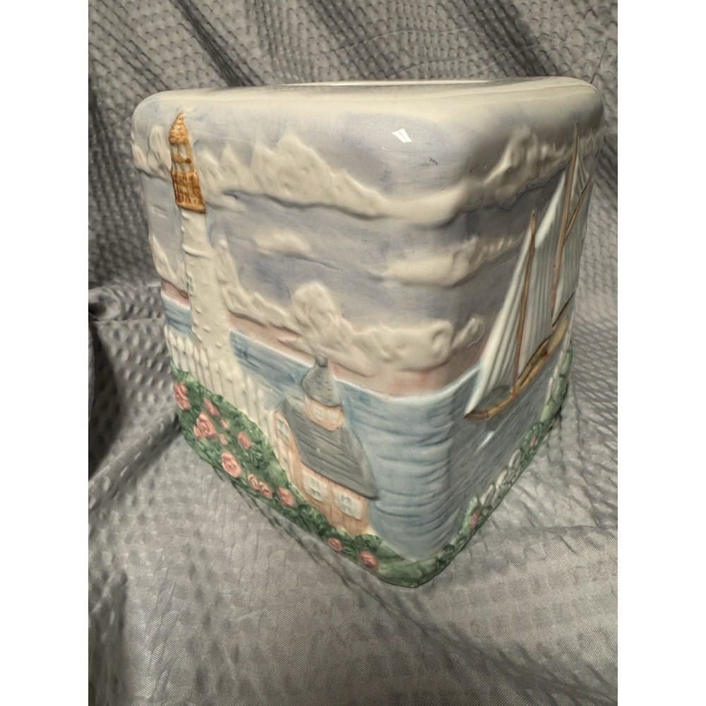 Vintage 1980s Handpainted Ceramic Tissue Box Cover Lighthouse Nautical - Picture 3 of 10
